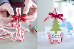 two pictures one with candy canes and the other has a name tag on it