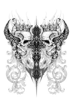 a drawing of a skull with wings and a cross on it's face, surrounded by ornate filigrees