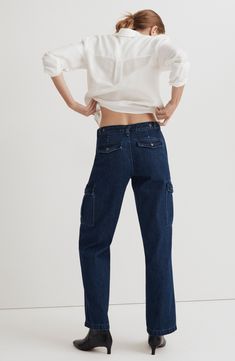 Designed to be slung low, these slouchy straight-leg jeans have workwear-inspired cargo pockets. Blended with recycled cotton, the denim has old-school character with zero stretch. Zip fly with button closure Front slant pockets; back button-flap pockets; cargo flap-patch pockets 95% cotton, 5% recycled cotton Machine wash, tumble dry Imported Casual Cargo Jeans With Patch Pockets And Straight Leg, Relaxed Fit Dark Wash Cropped Jeans With Pockets, Relaxed Fit Cropped Jeans In Dark Wash With Pockets, Dark Wash Cropped Jeans With Relaxed Fit, Baggy Tapered Leg Cropped Jeans With Pockets, Baggy Cropped Jeans With Tapered Leg, Casual Cropped Jeans With Tapered Leg And Pockets, Casual Straight Leg Cargo Jeans With Multiple Pockets, Casual Cropped Tapered Leg Jeans With Pockets