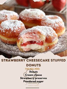 Donut Flavored Cake, Strawberry Cream Cheese Pastry, Delicious Looking Food, Cream Filled Desserts, Amazing Looking Food, Pastry Recipes Dessert, Filled Donut Recipe, Cheesecake Filling Recipe, Stuffed Strawberry