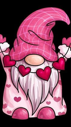 a pink and white gnome with hearts on it's chest