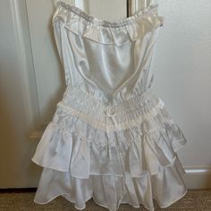 Sooo Cute! Perfect Beach Dress! Never Worn!! Sleeveless Ruffled Mini Dress In Coquette Style, Sleeveless Coquette Mini Dress With Ruffles, Coquette Sleeveless Mini Dress With Ruffles, White Satin Mini Dress With Ruffles, Women Long Gown, Moon Dresses, White Satin Dress, Off The Shoulder Romper, Moon Dress