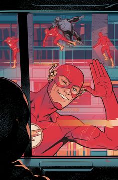 the flash is in front of a window with his hands up and looking at him