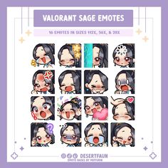 the character sheet for valorant sage emotes, which includes many different expressions