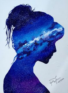 Galaxy girl Galaxy Portrait, Galaxy Silhouette, Watercolour Galaxy, Prophetic Painting, Space Drawings, Galaxy Colors, Painting Creative, Watercolor Galaxy, Painting People