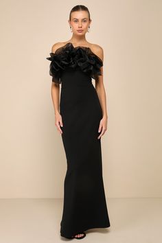 Lulus Black Ruffled Strapless Mermaid Maxi Dress Black Matron Of Honor Dress, Italian Formal Dress, Black Tie Wedding Guest Dress Women, Black Tie Fall Wedding Guest Dress, Black Maid Of Honor Dress, Black Bridesmaid Dresses Fall, Black Tie Women, Wedding Guest Dress Long, Black Bridesmaid Dresses Long