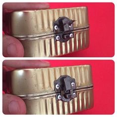 two pictures of a metal object with eyes on it's side and the other part showing