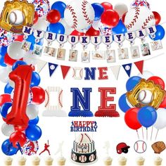 a baseball themed 1st birthday party with balloons and decorations