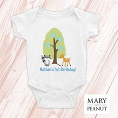 SHORT SLEEVE Raccoon Deer Tree Woodland 1st Birthday Baby Bodysuit / 1st birthday / first birthday shirt Deer Themed Nursery, Woodland 1st Birthday, Doe Boy, Hunting Nursery, Deer Nursery, First Birthday Shirt, Buck And Doe, Nursery Themes, Birthday Shirt