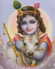 the god is holding a stick and a cow