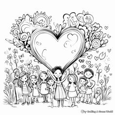 an adult coloring page with children holding up a heart