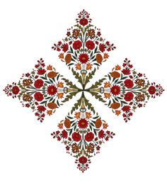 an ornate design with red flowers and green leaves