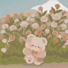 an illustration of a teddy bear sitting in the grass with flowers behind it and a mountain in the background