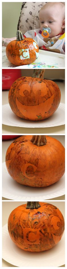 three pictures of an orange pumpkin on a plate