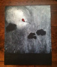 a painting on a wooden floor with trees and a kite flying in the sky