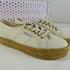 Superga Sneakers Platform Sneakers Cotton Canvas Upper Canvas Lined Inside About 1.25” Platform Lace Up Profile Cushioned Footbed Rubber Outsole W Crepe Texture Natural Jute Espadrille Outsole Superga Branding On Side/Heel Brand New In Box Pricing Is Fair And Quite Firm . Please Let Us Know If You Have Any Questions. Beige Platform Sneakers With Closed Toe, Beige Closed Toe Platform Sneakers, Beige Round Toe Sneakers For Summer, Beige Platform Sneakers For Summer, Summer Beige Platform Sneakers, Beige Platform Slip-on Sneakers, Beige Closed Toe Sneakers For Spring, Beige Sneakers With Vulcanized Sole For Spring, Cream Platform Sneakers For Summer