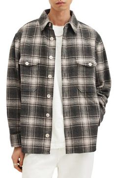 Heavyweight cotton flannel woven in an earthy plaid makes an easy favorite of a shirt-jacket styled with a roomy, relaxed fit that's perfect for layering. 28" length; 44" chest (size Medium) Front button closure Spread collar Long sleeves with button cuffs Chest button-flap patch pockets 100% viscose Machine wash, line dry Imported Casual Collared Flannel Outerwear, Casual Plaid Single-breasted Top, Fall Plaid Single Breasted Top, Classic Flannel Outerwear With Button Closure, Casual Button-up Shirt By Allsaints, Casual Allsaints Button-up Shirt, Casual Plaid Flannel Outerwear, Casual Cotton Shirt By Allsaints, Casual Plaid Shacket With Pockets