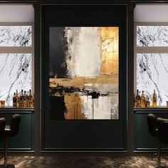 an abstract painting hangs on the wall next to two chairs in front of a bar