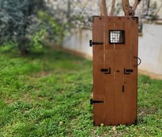 a wooden door in the grass near a tree