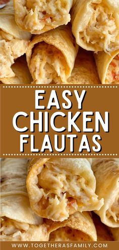 Two pictures of chicken flautas with a text overlay box in the middle that says 'easy chicken flautas'. Meals Using Flour Tortillas, Shredded Chicken Tortilla Recipes, Dinner Using Tortillas, Dinner Using Flour Tortillas, Recipes Made With Flour Tortillas, Chicken Taquitos Recipe Flour Tortilla, Filled Tortilla Recipes, Recipes That Use Flour Tortillas, Recipes Using Large Flour Tortillas