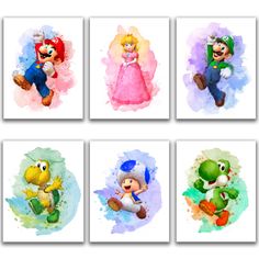 four watercolor paintings of mario bros characters