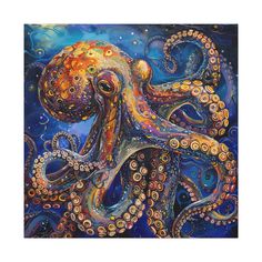 an octopus painting on canvas with blue background