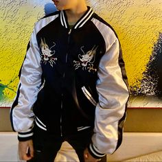 Selling Bomber Jacket From Tokyo Japan #Verynice And #Thick It Has Pocket Inside Too.... Casual White Varsity Jacket With Stand Collar, White Varsity Jacket With Stand Collar For Fall, White Embroidered Varsity Jacket For Spring, White Embroidered Long Sleeve Varsity Jacket, White Embroidered Hooded Outerwear, White Long Sleeve Varsity Jacket For Spring, Tokyo Japan, Inside Pocket, Tokyo