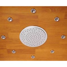 an overhead view of a shower head on a wooden surface with screw holes in the center