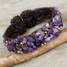 Amethyst cuff bracelet, 'Violet Twilight' - Brown Crocheted Cuff Bracelet with Amethyst Beading Honorable Weaving, Weaving Bracelets, Crochet Cuff Bracelet, Bracelets Stone, Purple Beaded Bracelets, Purple Bracelet, Solid Brown, Fibre Art, Crochet Bracelet