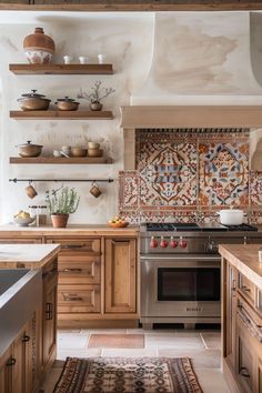 a kitchen with wooden cabinets and tile backsplashes on the wall above the stove