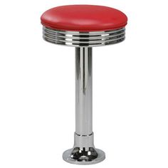 a red stool sitting on top of a metal base