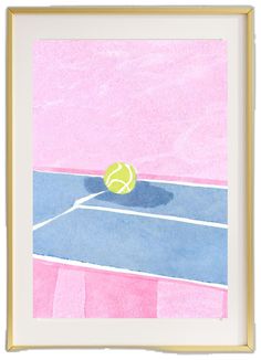 a watercolor painting of a tennis ball on the court