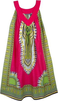 Bright pink vibrant print Dashiki style sundress with green background in one size. This sleeveless dress is printed in white and yellow Dashiki print - made with breathable 100% cotton fabric, it will be an ideal choice if you want to reflect a traditional African taste this summer. The one size fits most dress is going to feel comfortable, whatever may be your size. It has two side pockets for your keys, etc. An easy casual pull-over style summer dress is so unique, bright and cute, and slight Green Cotton Beach Sundress, Green Bohemian Printed Sundress, Green Cotton Sundress, Green Cotton Maxi Dress For Festival, Green Cotton Sundress For Vacation, Green Cotton Maxi Dress For Beach, Green Cotton Dress With Vibrant Print, Green Printed Summer Sundress, Summer Cotton Maxi Dress With Vibrant Print