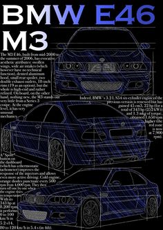 the blueprinted bmw e45 m3 is shown in this drawing, and it shows