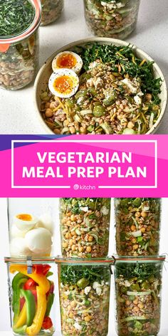 vegetarian meal prep plan with mason jars filled with vegetables, eggs and other food items