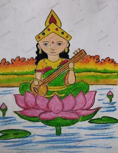 Saraswati kid drawing Basic Drawings, Students Drawing, Bossy Girl, Scenery Drawing For Kids, Easy Scenery