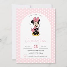 a pink and white minnie mouse birthday party card