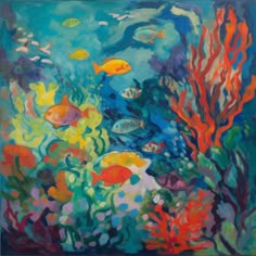 an oil painting of colorful fish and corals