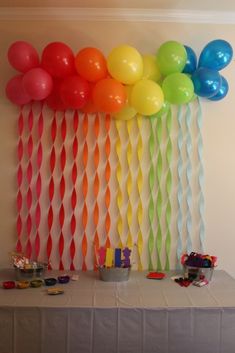 balloons and streamers are hanging on the wall