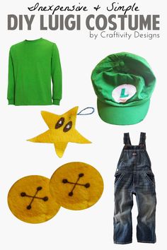 an assortment of items made to look like clothes and hats for kids with text overlay that says, diy lugi costume