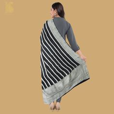 Black Pure Georgette Handloom Banarasi Stripes Dupatta - Khinkhwab Unstitched Chanderi Dupatta With Border, Chanderi Dupatta With Border, Bollywood Style Pashmina Dupatta With Traditional Patterns, Festive Anarkali Dupatta With Border, Traditional Raw Silk Dupatta With Border, Traditional Dupatta With Border In Shawl Shape, Traditional Drape Raw Silk Dupatta With Border, Traditional Dupatta Shawl With Border, Banarasi Silk Anarkali Dupatta With Border