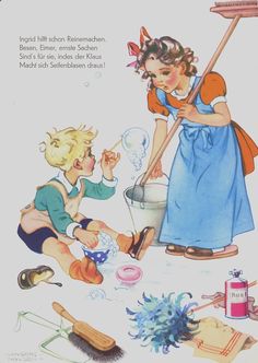 an old fashioned children's book with two girls cleaning the floor and one boy holding a mop