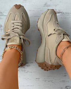 Size: 35,36,37,38,39;Style:Casual,ChicType:SneakersMaterial:SuedePattern Type:PlainOccasion:DailyToe:Round ToeHeel Height:Mid HeelPackage Include:1*Sneakers Beige Sneakers, Shoe Ideas, Future Mom, Swag Shoes, Gym Shoes, Round Toe Heels, Fire Nails, Suede Lace, Mode Streetwear