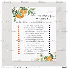 an orange themed baby shower game with the words mommy or daddy written in black ink