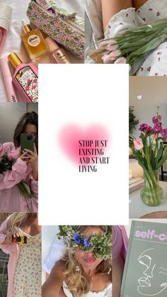 a collage of photos with flowers and text that reads stop busting, i'm not trying