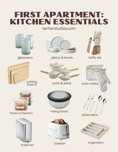 the kitchen essentials are organized and labeled in this graphic diagram, which includes dishes, knives