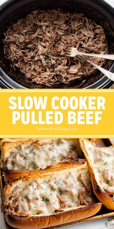 slow cooker pulled beef in a crock pot with text overlay that reads slow cooker pulled beef