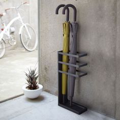 an umbrella stand next to a potted plant on the ground and a bicycle in the background