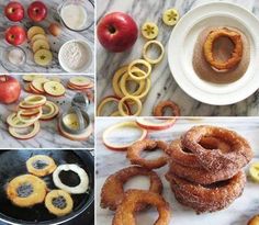 there are several pictures of apples and donuts in the process of making them into doughnuts