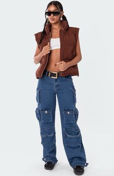 An oversized fit enhances the laid-back vibes of this nylon puffer vest. Stand collar 100% nylon Machine wash, line dry Imported Cropped Puffer Vest Outfit, Oversized Puffer Vest, Cropped Puffer Vest, Puffer Vest Outfit, Oversized Puffer, Vest Outfit, Jeans Cropped, Cargo Jeans, Puffer Vest